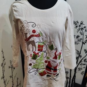 Christopher & Banks White Holiday Top with Red and Green Accents